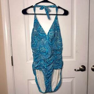 Aerin Rose Blue Paisley Ruched Halter One Piece Swimsuit Underwire Support Sz M